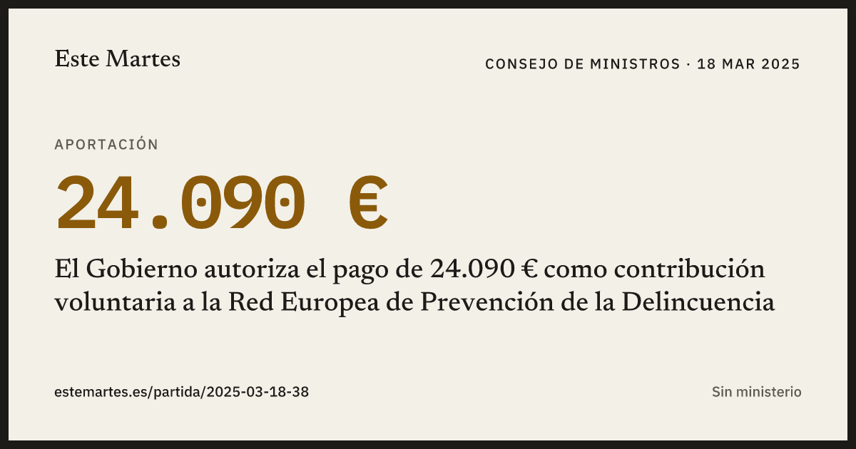 Tarjeta: El Gobierno autoriza el pago de 24.090 € como contribución voluntaria a la Red Europea de Prevención de la Delincuencia