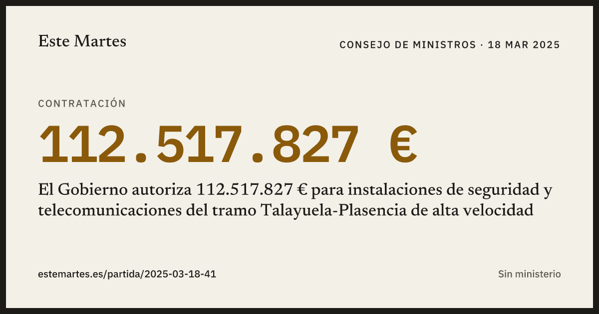 Tarjeta: El Gobierno autoriza 112.517.827 € para instalaciones de seguridad y telecomunicaciones del tramo Talayuela-Plasencia de alta velocidad
