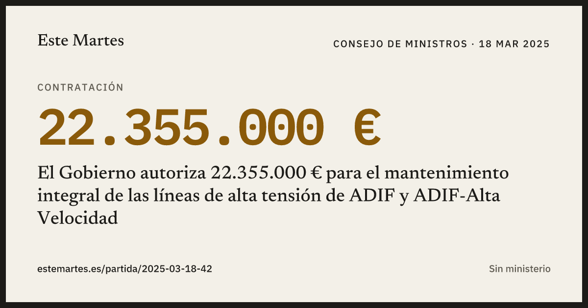 Tarjeta: El Gobierno autoriza 22.355.000 € para el mantenimiento integral de las líneas de alta tensión de ADIF y ADIF-Alta Velocidad