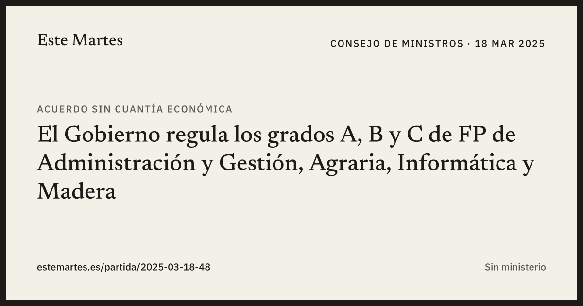 Tarjeta: El Gobierno regula los grados A, B y C de FP de Administración y Gestión, Agraria, Informática y Madera