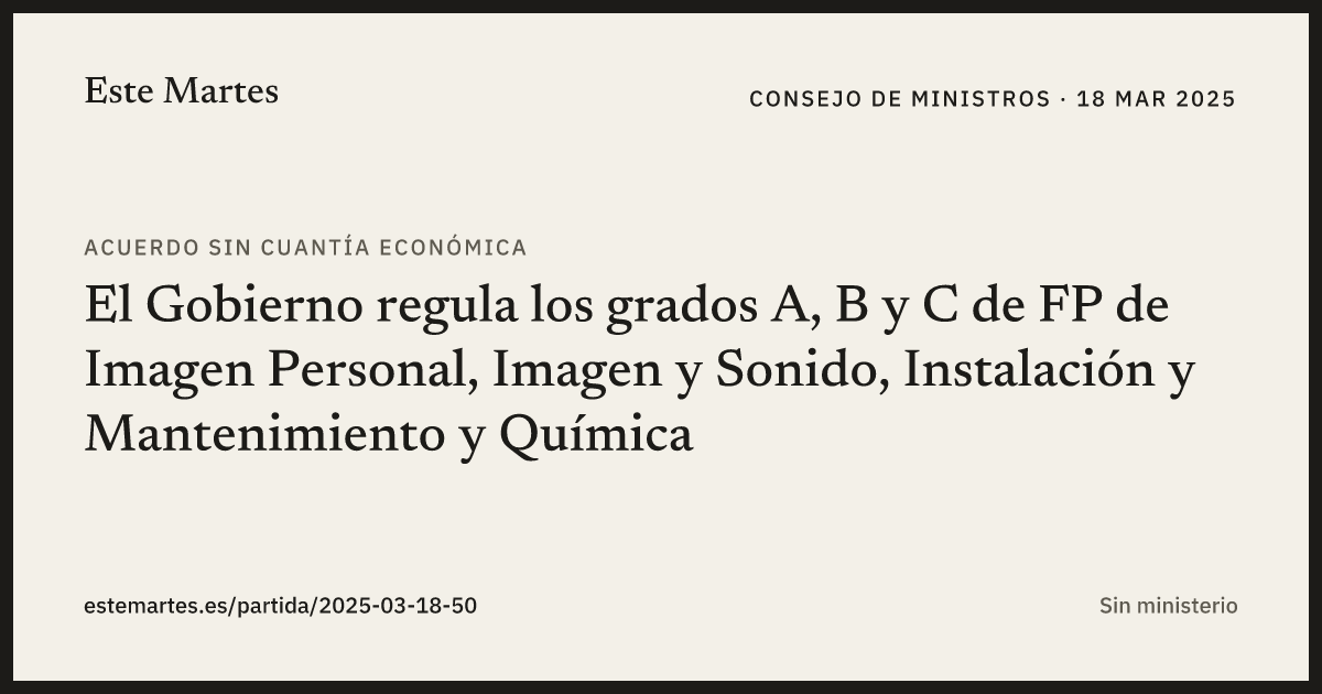 Tarjeta: El Gobierno regula los grados A, B y C de FP de Imagen Personal, Imagen y Sonido, Instalación y Mantenimiento y Química