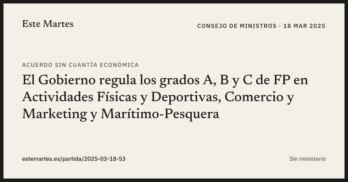 Tarjeta: El Gobierno regula los grados A, B y C de FP en Actividades Físicas y Deportivas, Comercio y Marketing y Marítimo-Pesquera