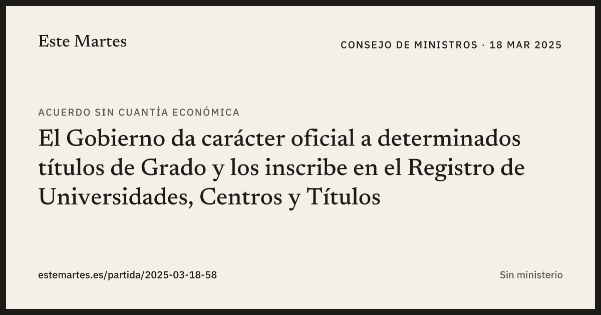 Tarjeta: El Gobierno da carácter oficial a determinados títulos de Grado y los inscribe en el Registro de Universidades, Centros y Títulos