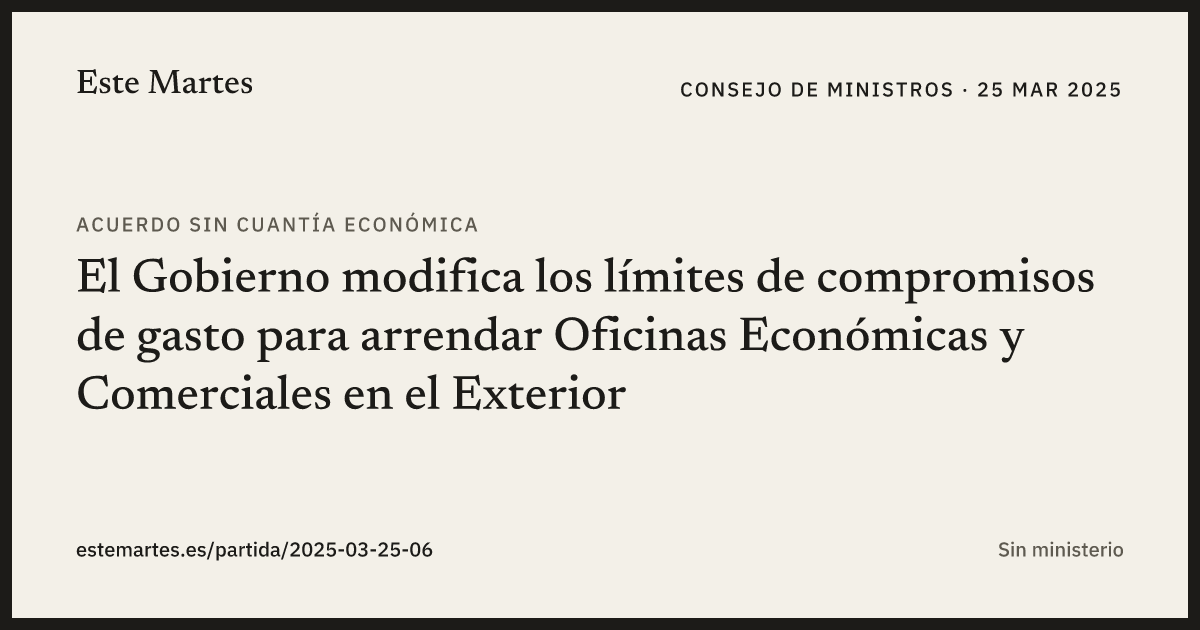 Tarjeta: El Gobierno modifica los límites de compromisos de gasto para arrendar Oficinas Económicas y Comerciales en el Exterior