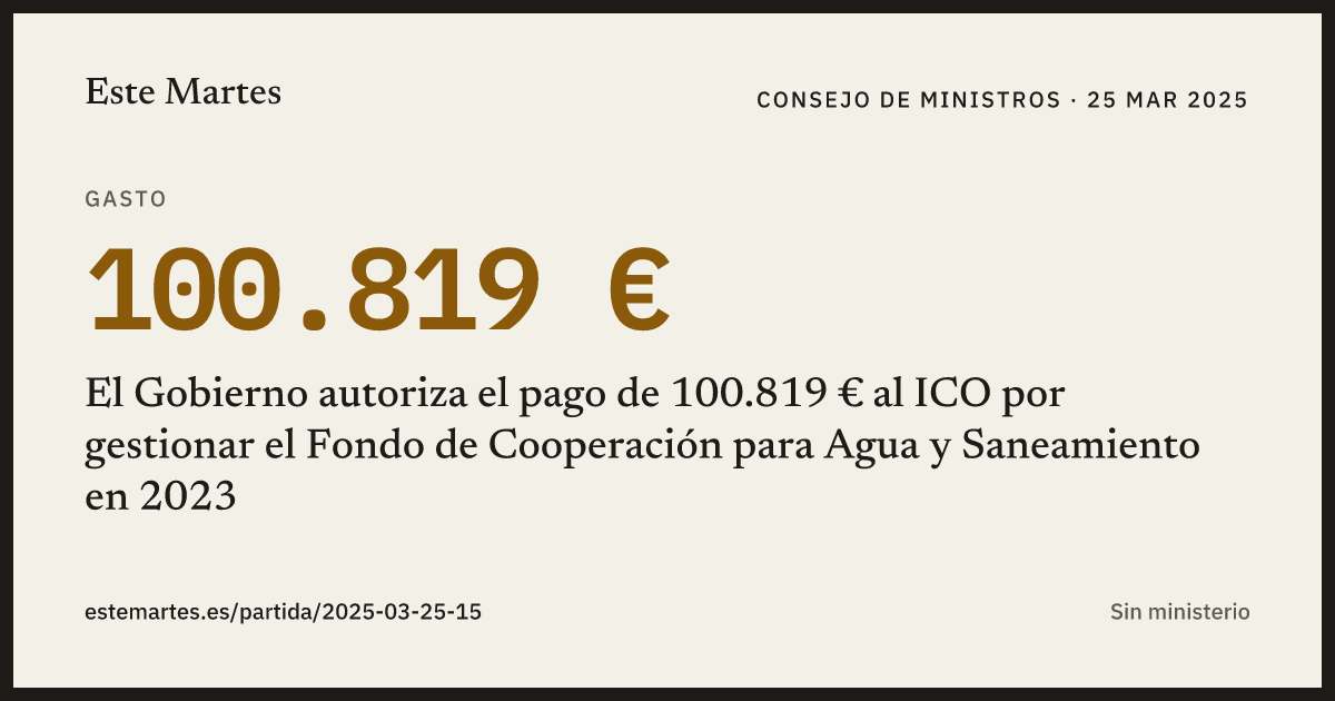 Tarjeta: El Gobierno autoriza el pago de 100.819 € al ICO por gestionar el Fondo de Cooperación para Agua y Saneamiento en 2023