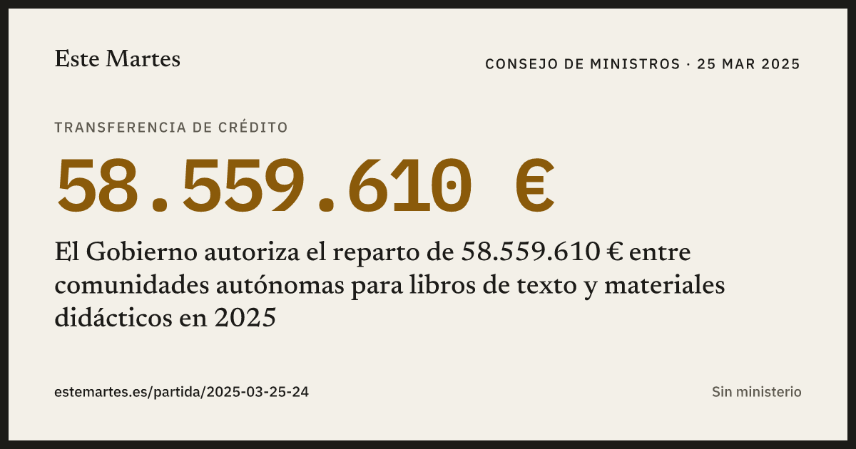 Tarjeta: El Gobierno autoriza el reparto de 58.559.610 € entre comunidades autónomas para libros de texto y materiales didácticos en 2025