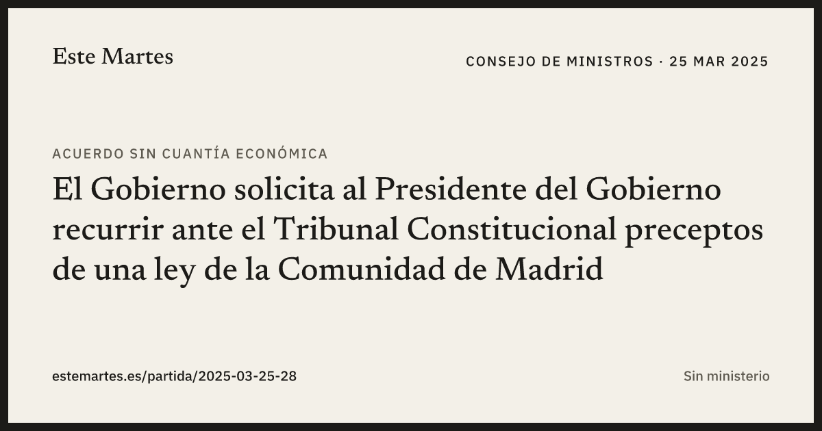 Tarjeta: El Gobierno solicita al Presidente del Gobierno recurrir ante el Tribunal Constitucional preceptos de una ley de la Comunidad de Madrid