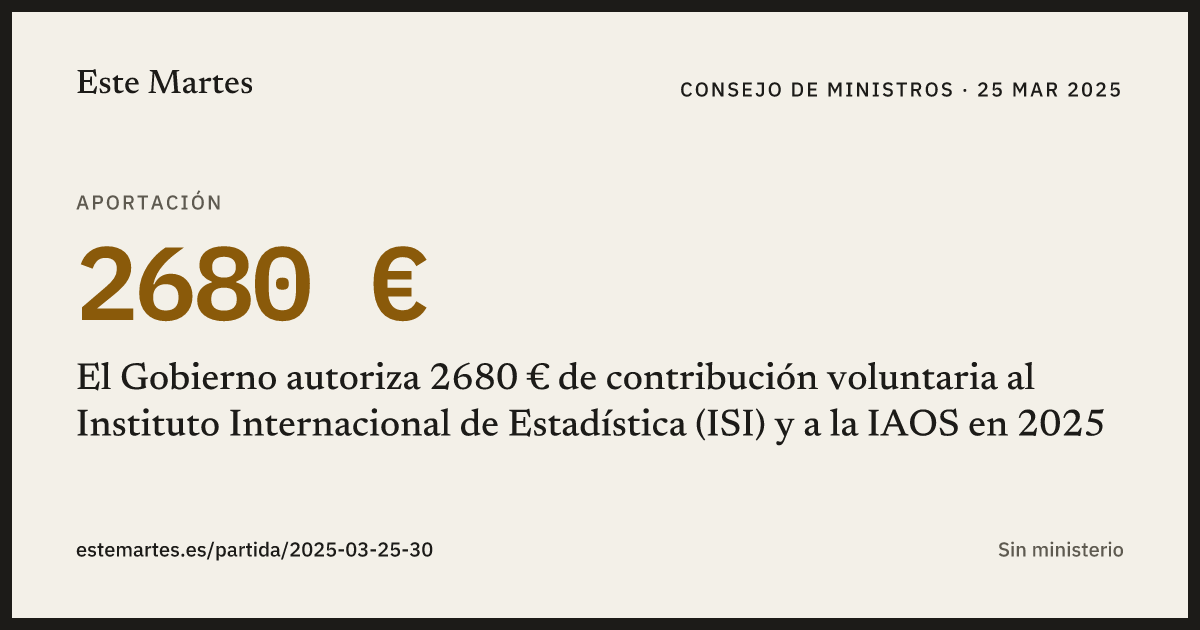 Tarjeta: El Gobierno autoriza 2680 € de contribución voluntaria al Instituto Internacional de Estadística (ISI) y a la IAOS en 2025