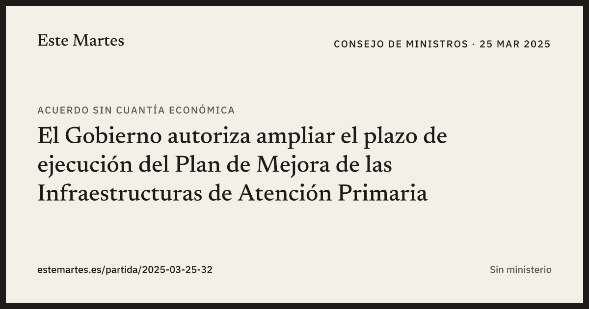 Tarjeta: El Gobierno autoriza ampliar el plazo de ejecución del Plan de Mejora de las Infraestructuras de Atención Primaria
