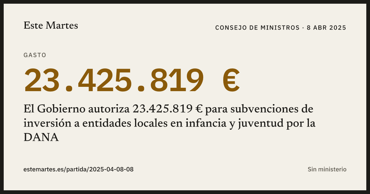 Tarjeta: El Gobierno autoriza 23.425.819 € para subvenciones de inversión a entidades locales en infancia y juventud por la DANA