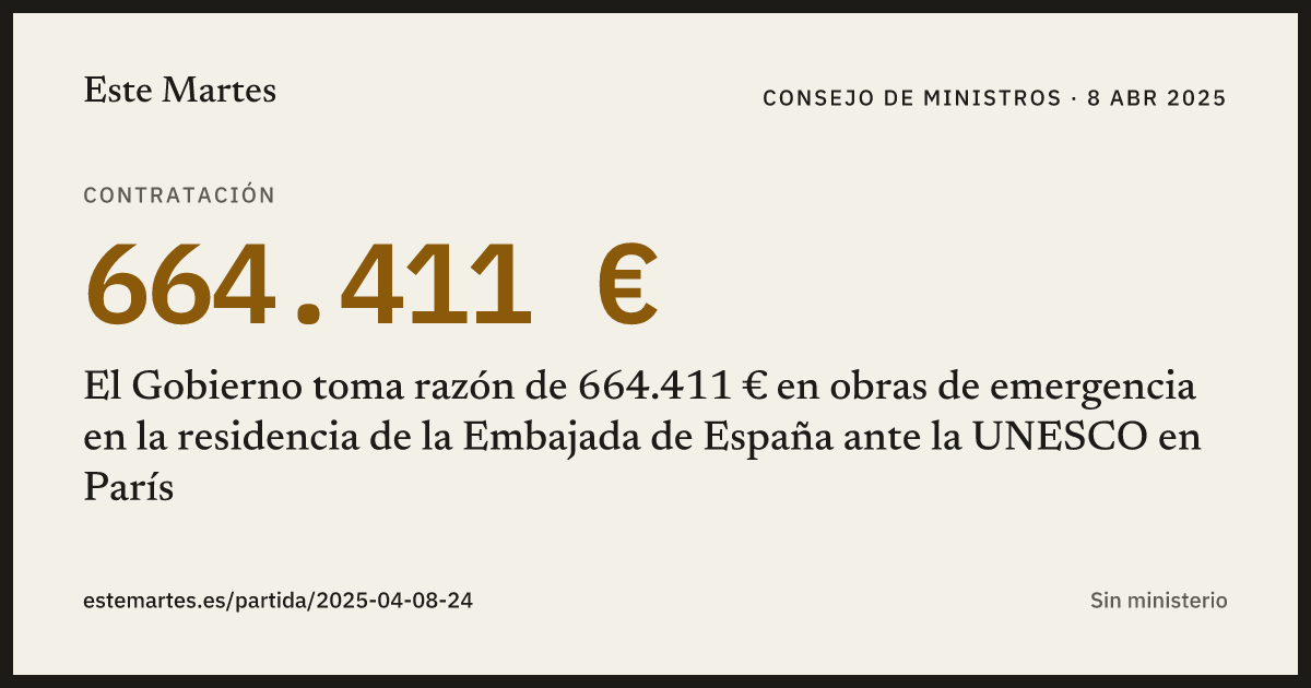 Tarjeta: El Gobierno toma razón de 664.411 € en obras de emergencia en la residencia de la Embajada de España ante la UNESCO en París