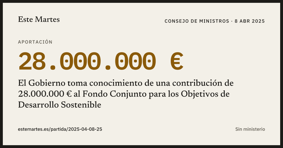Tarjeta: El Gobierno toma conocimiento de una contribución de 28.000.000 € al Fondo Conjunto para los Objetivos de Desarrollo Sostenible