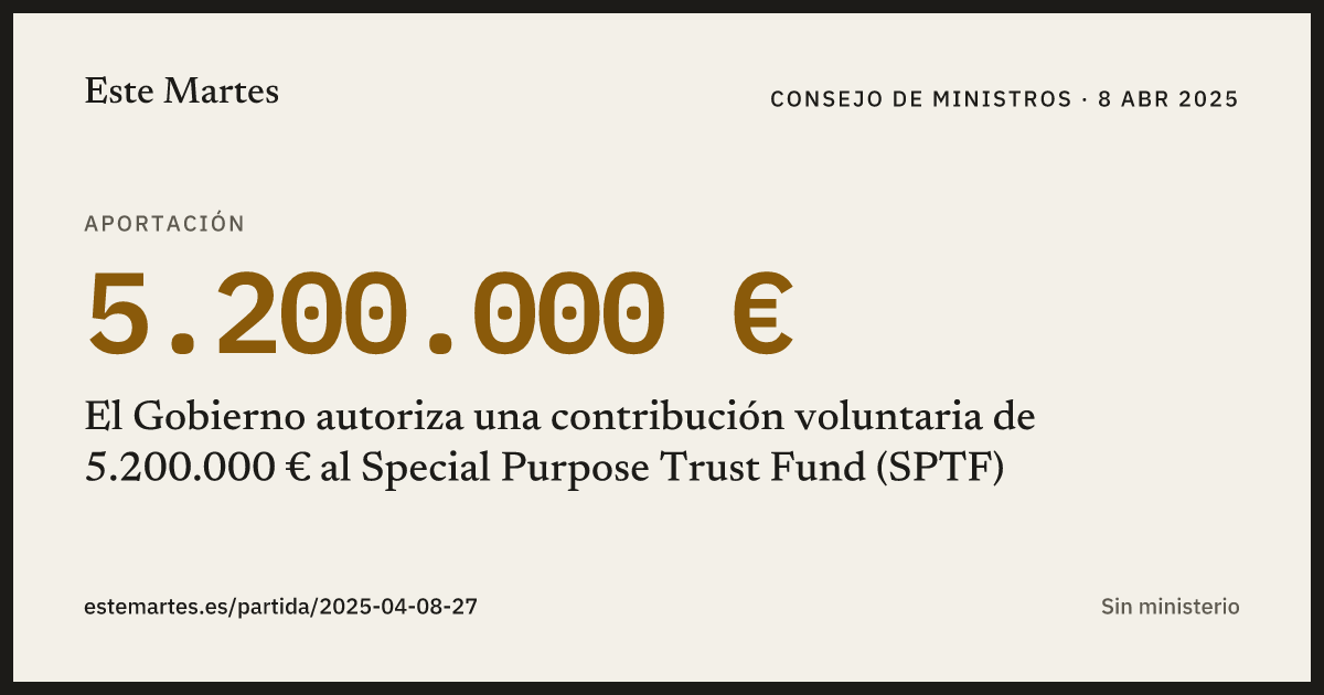 Tarjeta: El Gobierno autoriza una contribución voluntaria de 5.200.000 € al Special Purpose Trust Fund (SPTF)