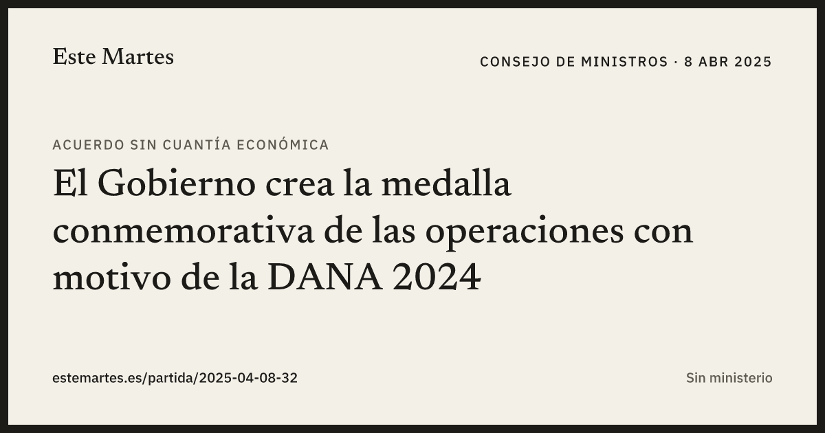 Tarjeta: El Gobierno crea la medalla conmemorativa de las operaciones con motivo de la DANA 2024