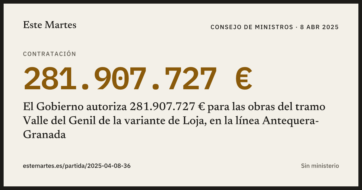 Tarjeta: El Gobierno autoriza 281.907.727 € para las obras del tramo Valle del Genil de la variante de Loja, en la línea Antequera-Granada