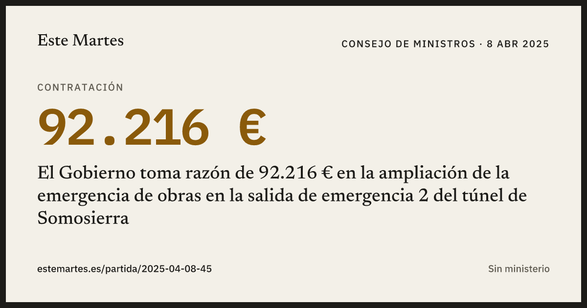 Tarjeta: El Gobierno toma razón de 92.216 € en la ampliación de la emergencia de obras en la salida de emergencia 2 del túnel de Somosierra