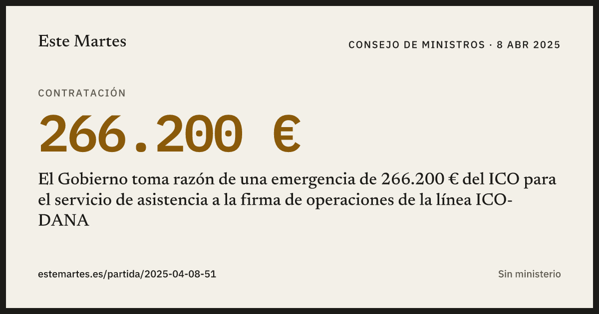 Tarjeta: El Gobierno toma razón de una emergencia de 266.200 € del ICO para el servicio de asistencia a la firma de operaciones de la línea ICO-DANA