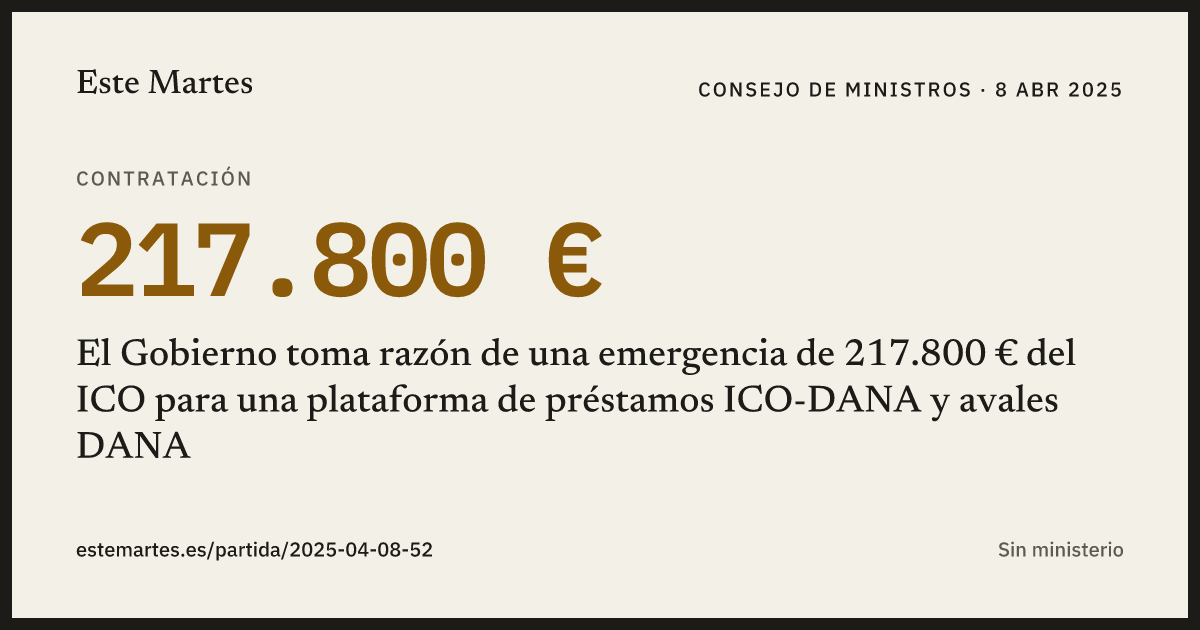 Tarjeta: El Gobierno toma razón de una emergencia de 217.800 € del ICO para una plataforma de préstamos ICO-DANA y avales DANA