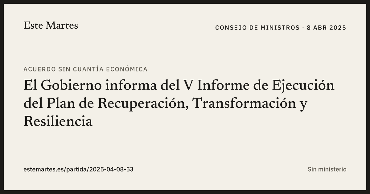 Tarjeta: El Gobierno informa del V Informe de Ejecución del Plan de Recuperación, Transformación y Resiliencia