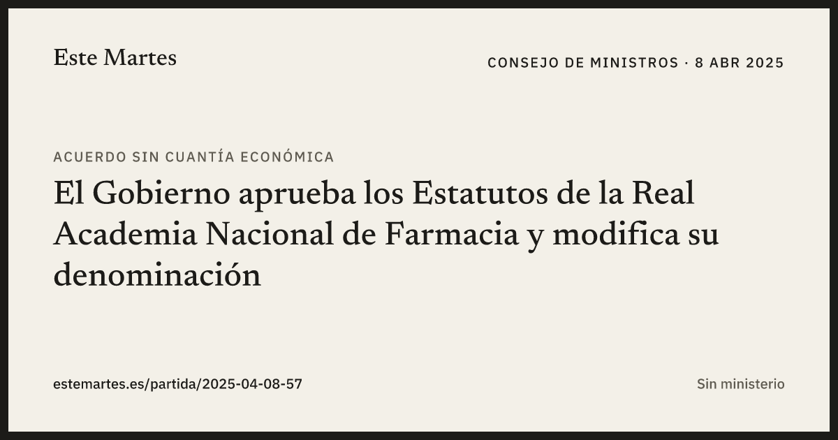Tarjeta: El Gobierno aprueba los Estatutos de la Real Academia Nacional de Farmacia y modifica su denominación
