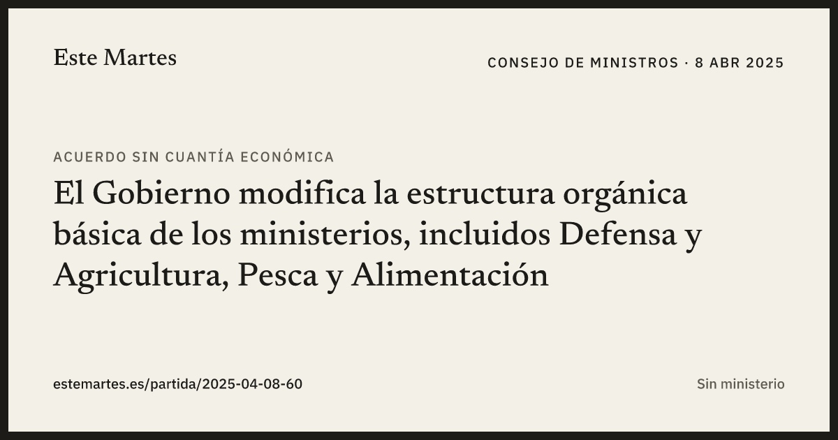Tarjeta: El Gobierno modifica la estructura orgánica básica de los ministerios, incluidos Defensa y Agricultura, Pesca y Alimentación