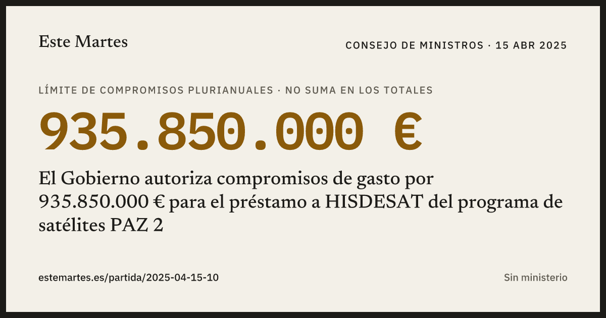 Tarjeta: El Gobierno autoriza compromisos de gasto por 935.850.000 € para el préstamo a HISDESAT del programa de satélites PAZ 2