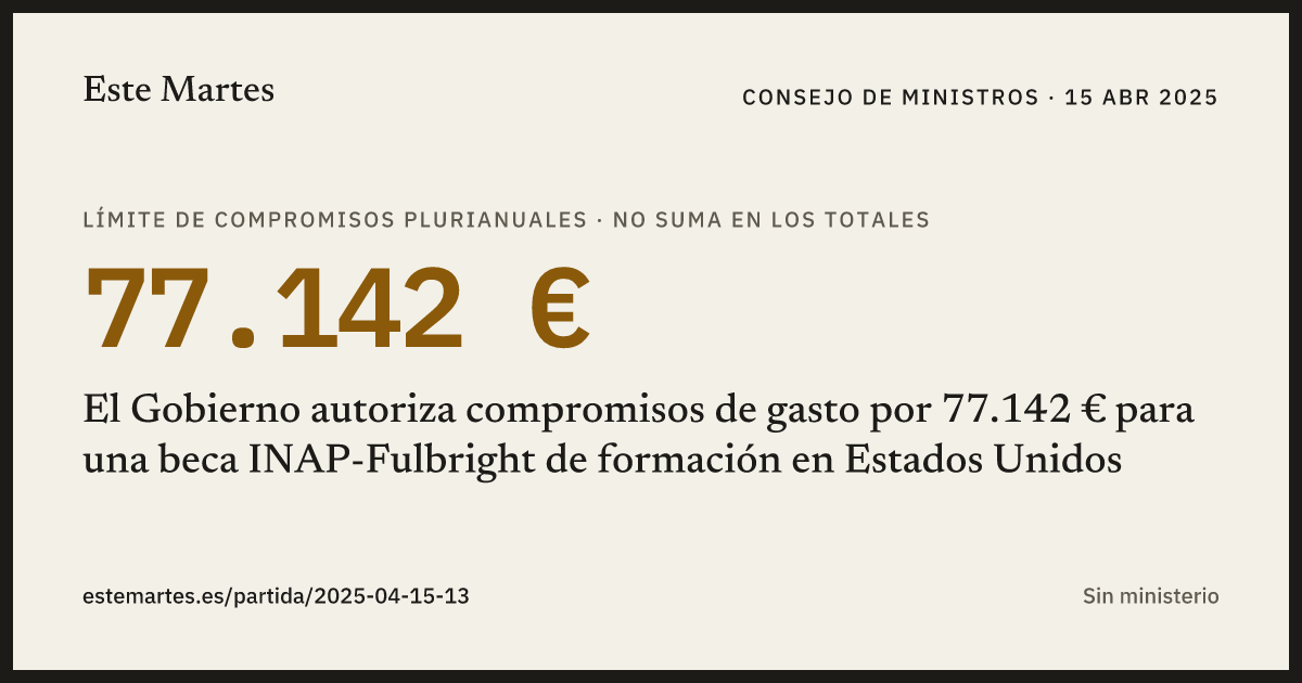Tarjeta: El Gobierno autoriza compromisos de gasto por 77.142 € para una beca INAP-Fulbright de formación en Estados Unidos