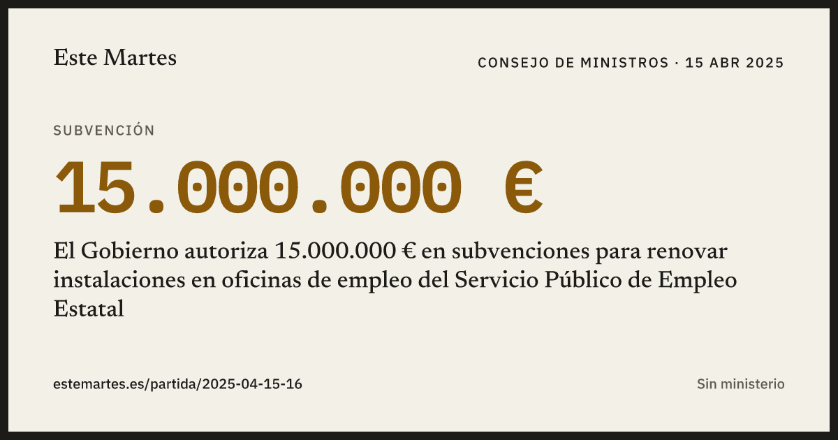 Tarjeta: El Gobierno autoriza 15.000.000 € en subvenciones para renovar instalaciones en oficinas de empleo del Servicio Público de Empleo Estatal