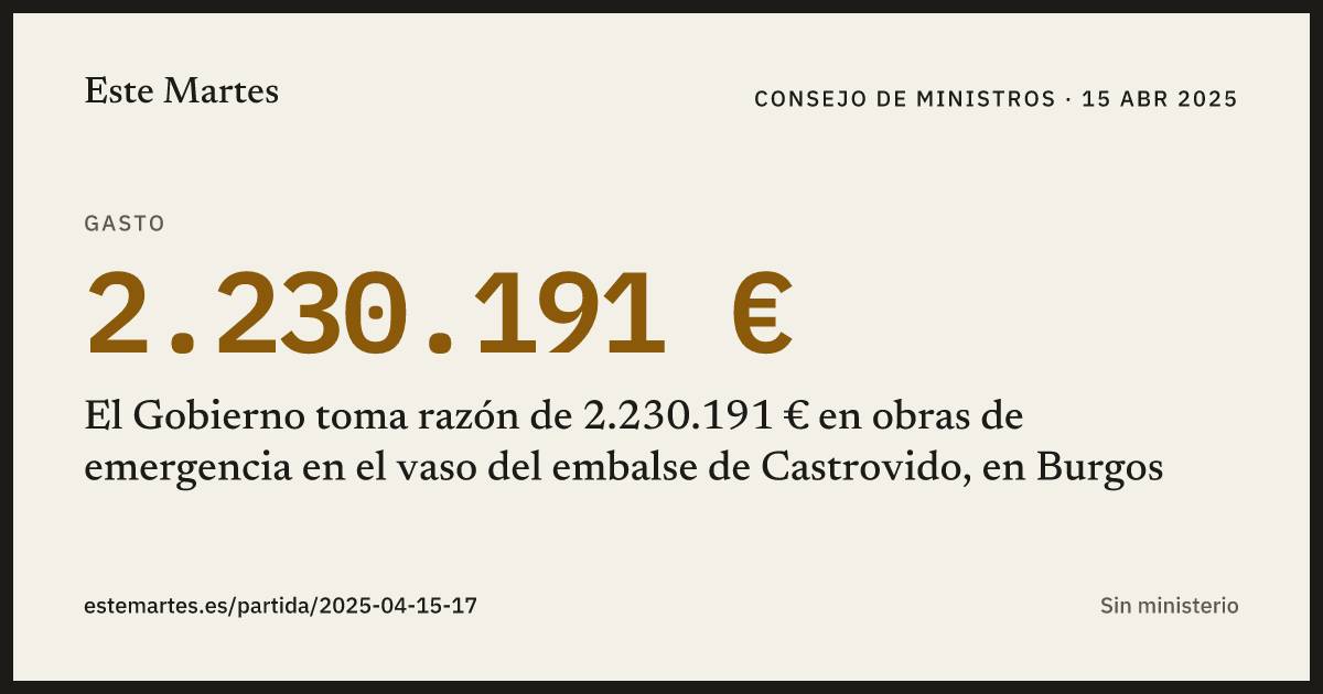 Tarjeta: El Gobierno toma razón de 2.230.191 € en obras de emergencia en el vaso del embalse de Castrovido, en Burgos