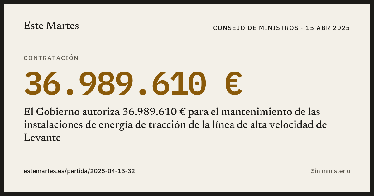 Tarjeta: El Gobierno autoriza 36.989.610 € para el mantenimiento de las instalaciones de energía de tracción de la línea de alta velocidad de Levante