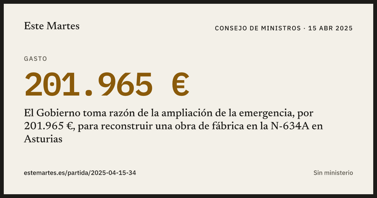 Tarjeta: El Gobierno toma razón de la ampliación de la emergencia, por 201.965 €, para reconstruir una obra de fábrica en la N-634A en Asturias