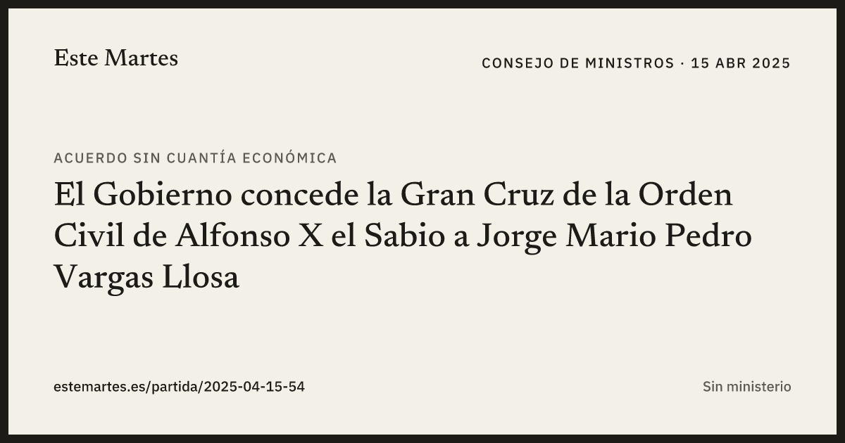 Tarjeta: El Gobierno concede la Gran Cruz de la Orden Civil de Alfonso X el Sabio a Jorge Mario Pedro Vargas Llosa