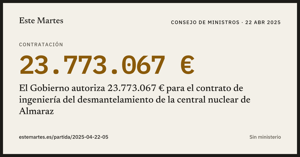 Tarjeta: El Gobierno autoriza 23.773.067 € para el contrato de ingeniería del desmantelamiento de la central nuclear de Almaraz