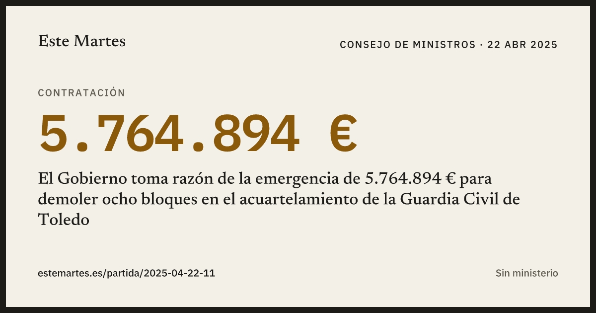 Tarjeta: El Gobierno toma razón de la emergencia de 5.764.894 € para demoler ocho bloques en el acuartelamiento de la Guardia Civil de Toledo