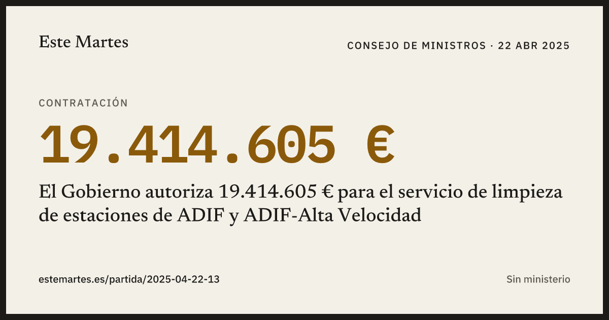 Tarjeta: El Gobierno autoriza 19.414.605 € para el servicio de limpieza de estaciones de ADIF y ADIF-Alta Velocidad