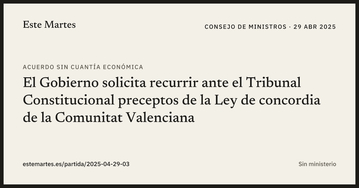 Tarjeta: El Gobierno solicita recurrir ante el Tribunal Constitucional preceptos de la Ley de concordia de la Comunitat Valenciana