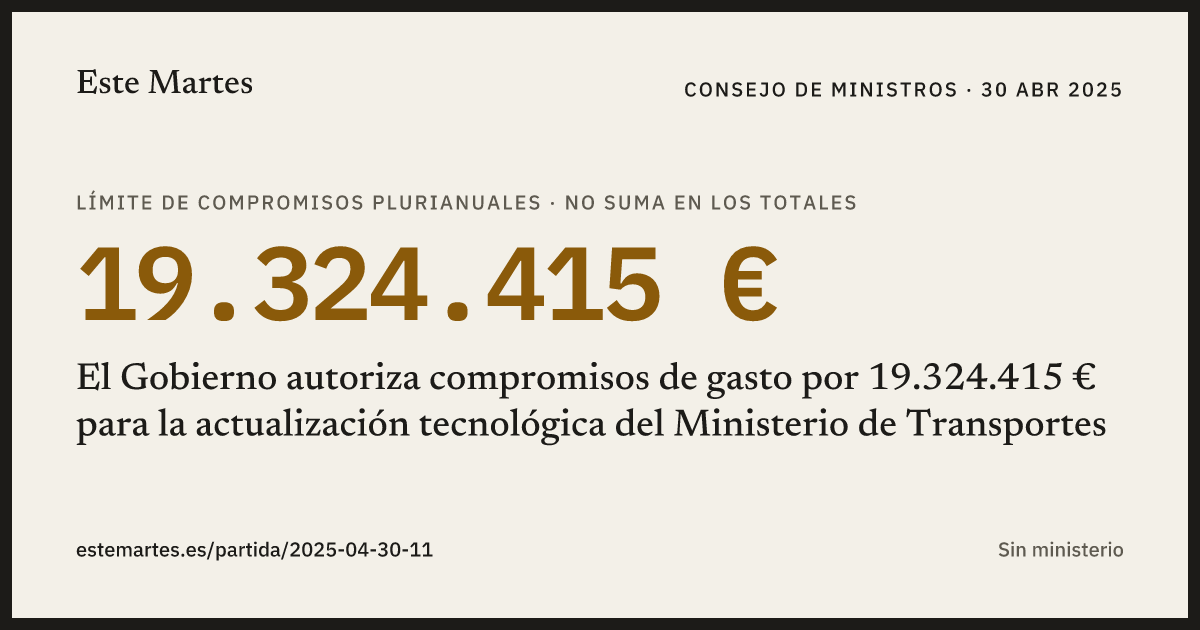 Tarjeta: El Gobierno autoriza compromisos de gasto por 19.324.415 € para la actualización tecnológica del Ministerio de Transportes