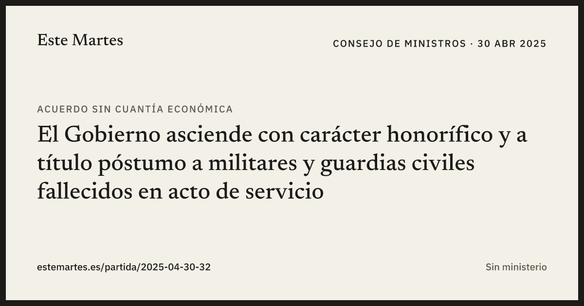 Tarjeta: El Gobierno asciende con carácter honorífico y a título póstumo a militares y guardias civiles fallecidos en acto de servicio