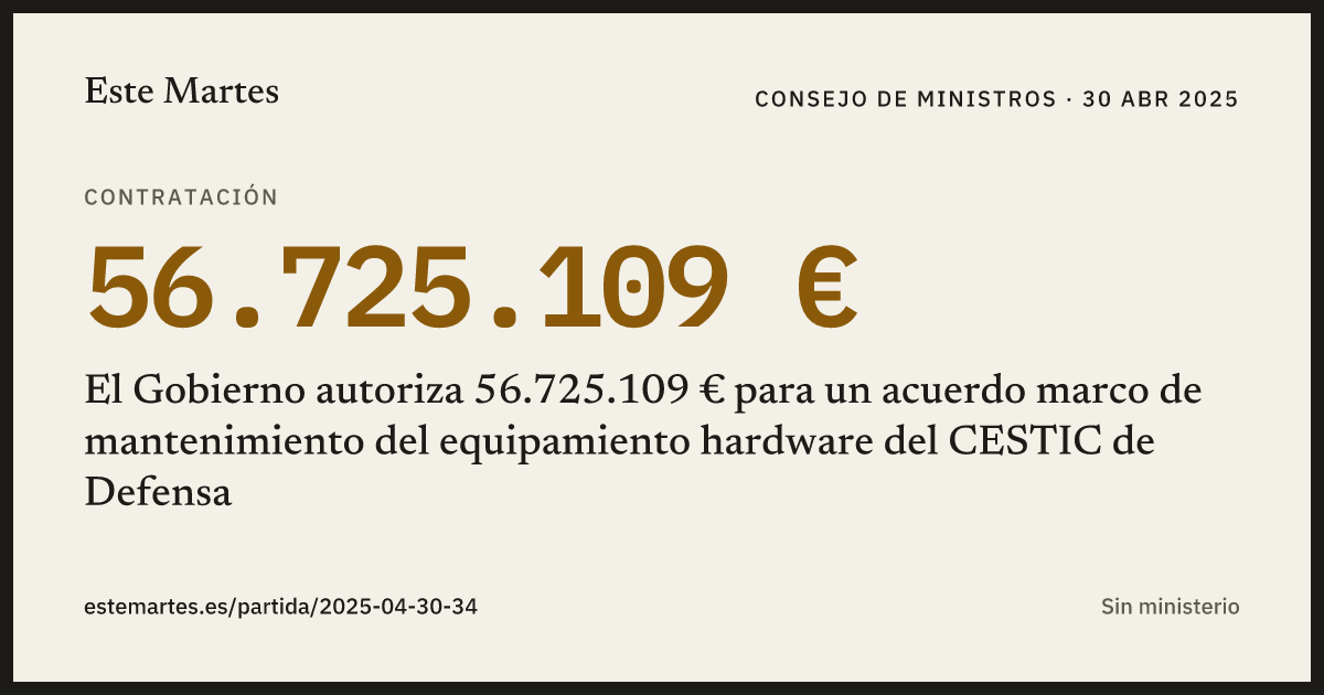 Tarjeta: El Gobierno autoriza 56.725.109 € para un acuerdo marco de mantenimiento del equipamiento hardware del CESTIC de Defensa