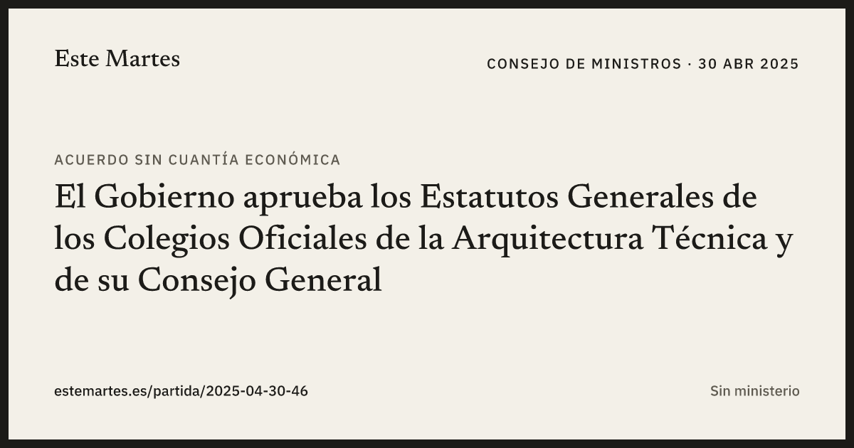 Tarjeta: El Gobierno aprueba los Estatutos Generales de los Colegios Oficiales de la Arquitectura Técnica y de su Consejo General