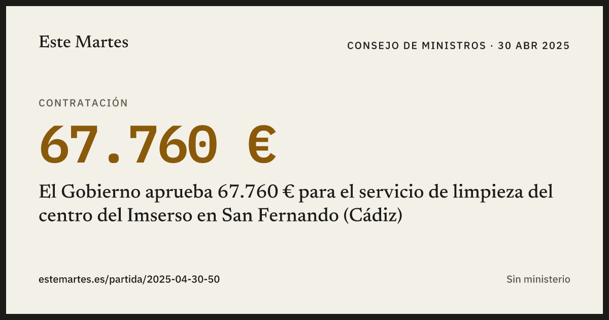 Tarjeta: El Gobierno aprueba 67.760 € para el servicio de limpieza del centro del Imserso en San Fernando (Cádiz)