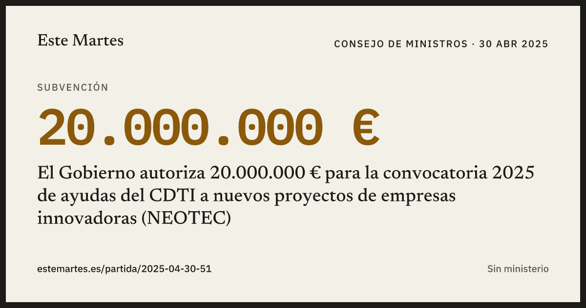 Tarjeta: El Gobierno autoriza 20.000.000 € para la convocatoria 2025 de ayudas del CDTI a nuevos proyectos de empresas innovadoras (NEOTEC)