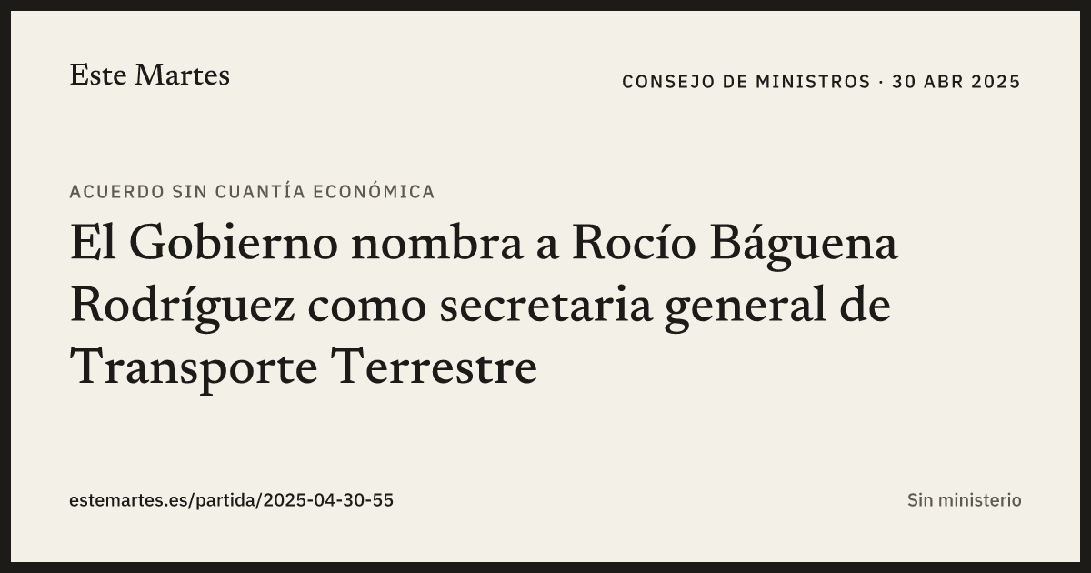 Tarjeta: El Gobierno nombra a Rocío Báguena Rodríguez como secretaria general de Transporte Terrestre