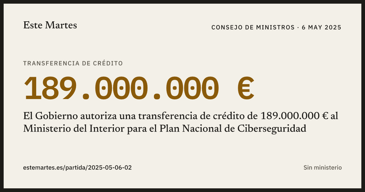 Tarjeta: El Gobierno autoriza una transferencia de crédito de 189.000.000 € al Ministerio del Interior para el Plan Nacional de Ciberseguridad