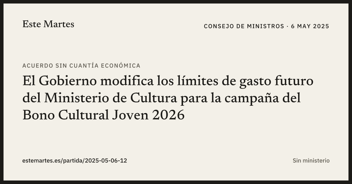 Tarjeta: El Gobierno modifica los límites de gasto futuro del Ministerio de Cultura para la campaña del Bono Cultural Joven 2026