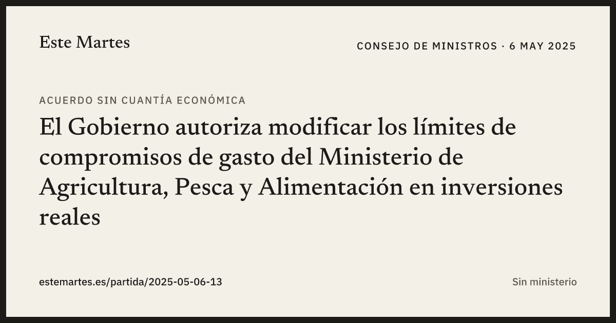 Tarjeta: El Gobierno autoriza modificar los límites de compromisos de gasto del Ministerio de Agricultura, Pesca y Alimentación en inversiones reales