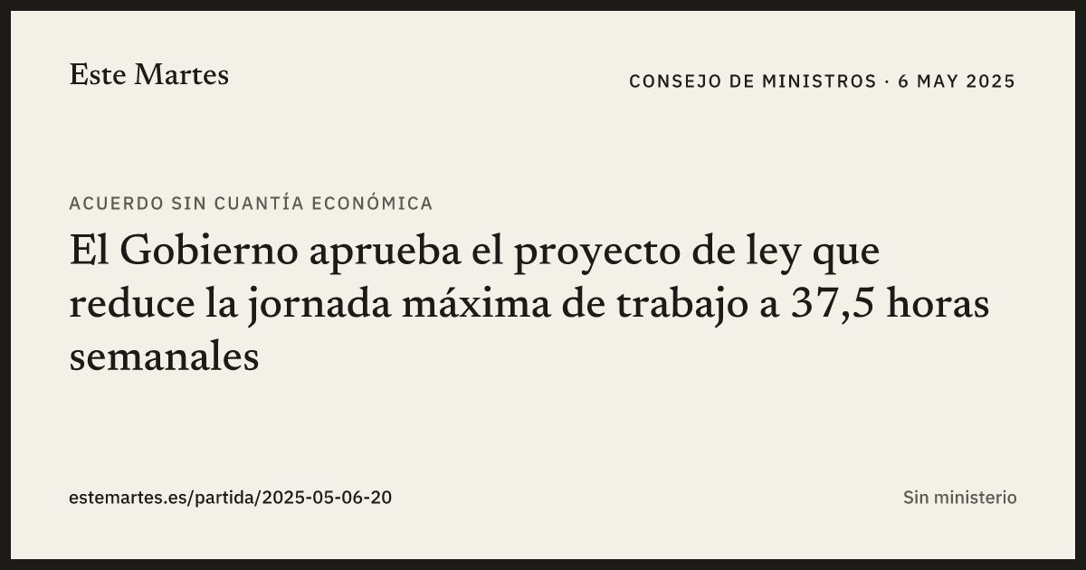 Tarjeta: El Gobierno aprueba el proyecto de ley que reduce la jornada máxima de trabajo a 37,5 horas semanales