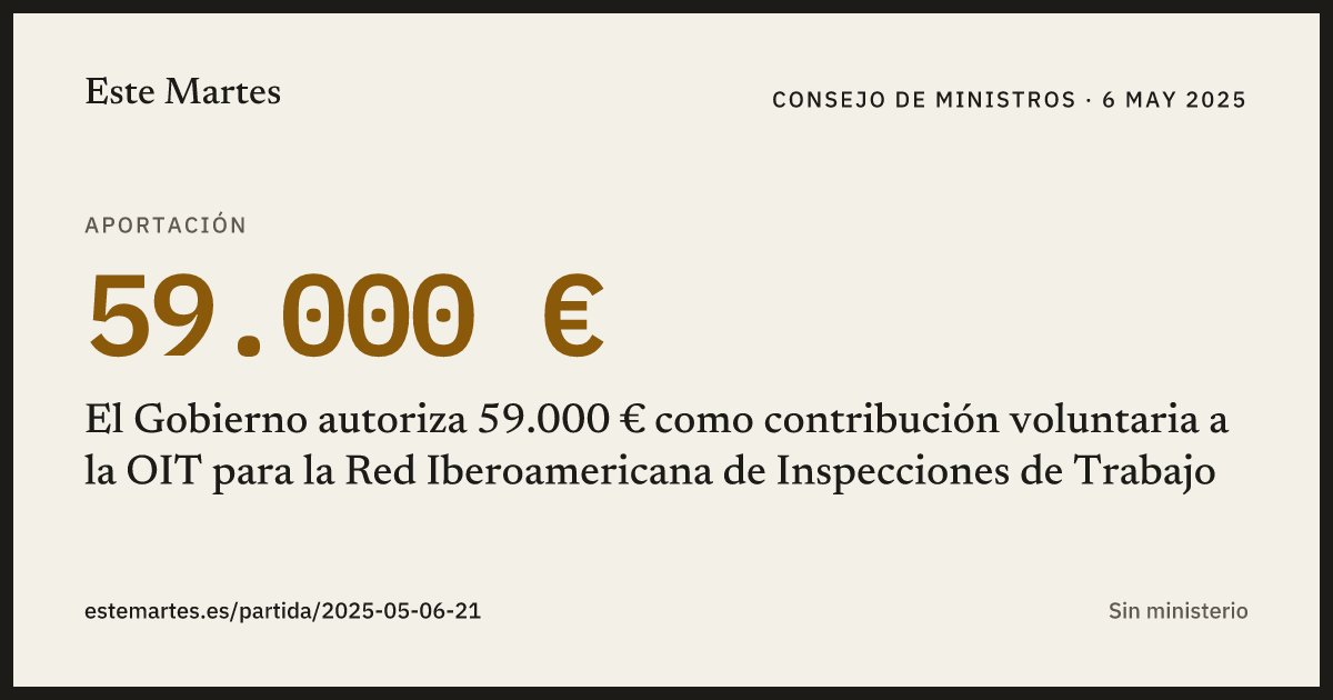 Tarjeta: El Gobierno autoriza 59.000 € como contribución voluntaria a la OIT para la Red Iberoamericana de Inspecciones de Trabajo