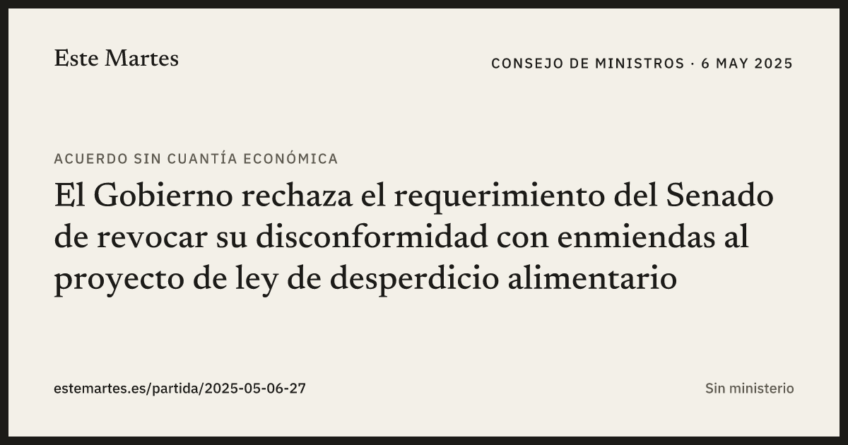 Tarjeta: El Gobierno rechaza el requerimiento del Senado de revocar su disconformidad con enmiendas al proyecto de ley de desperdicio alimentario