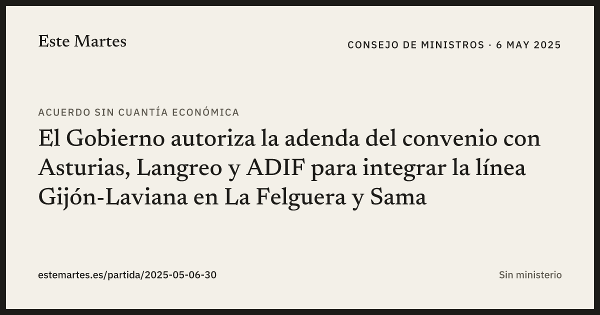 Tarjeta: El Gobierno autoriza la adenda del convenio con Asturias, Langreo y ADIF para integrar la línea Gijón-Laviana en La Felguera y Sama